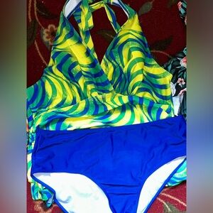 plus tankini with halter back. Blue and lime green.
